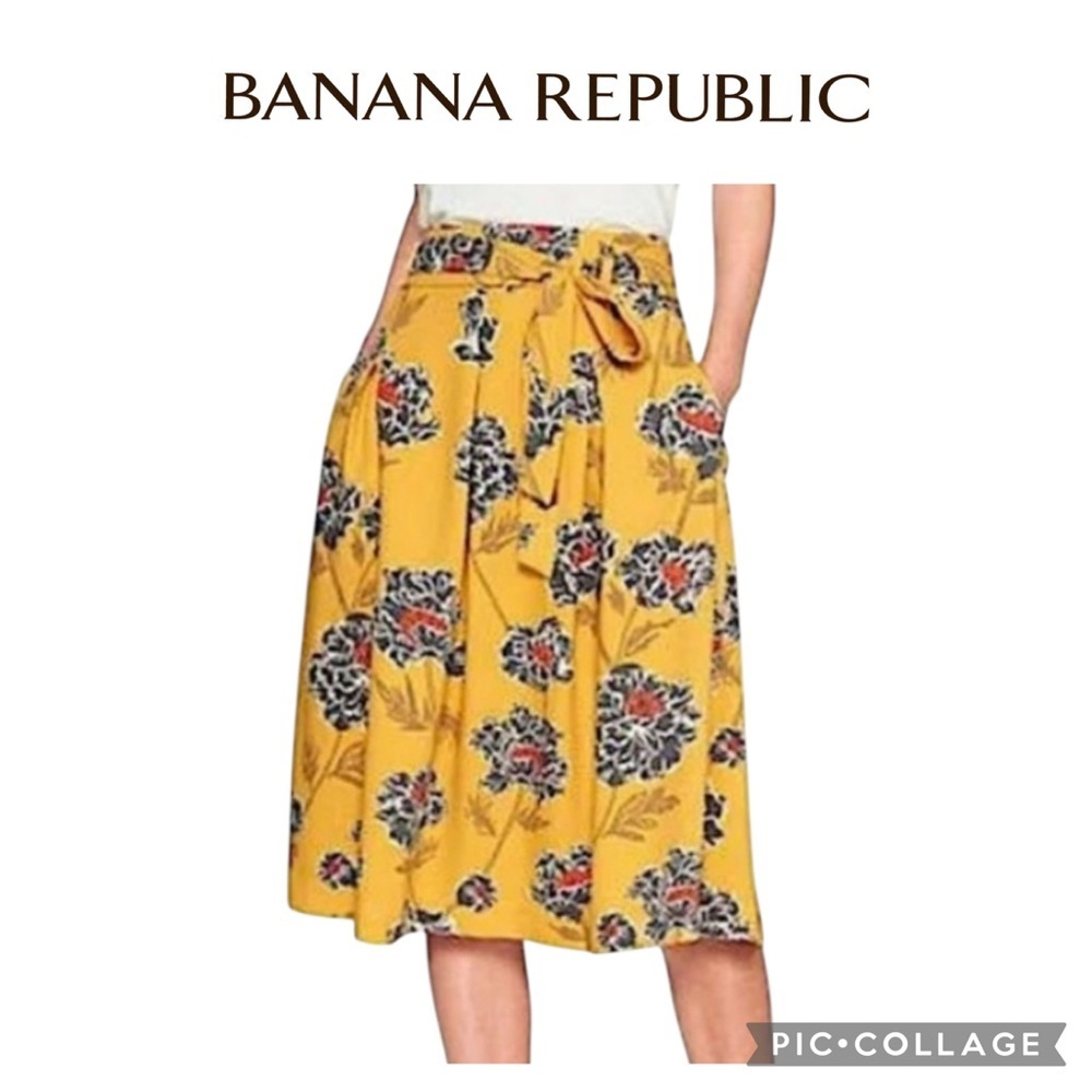 Banana Republic Yellow gray floral A line belted skirt Size 6